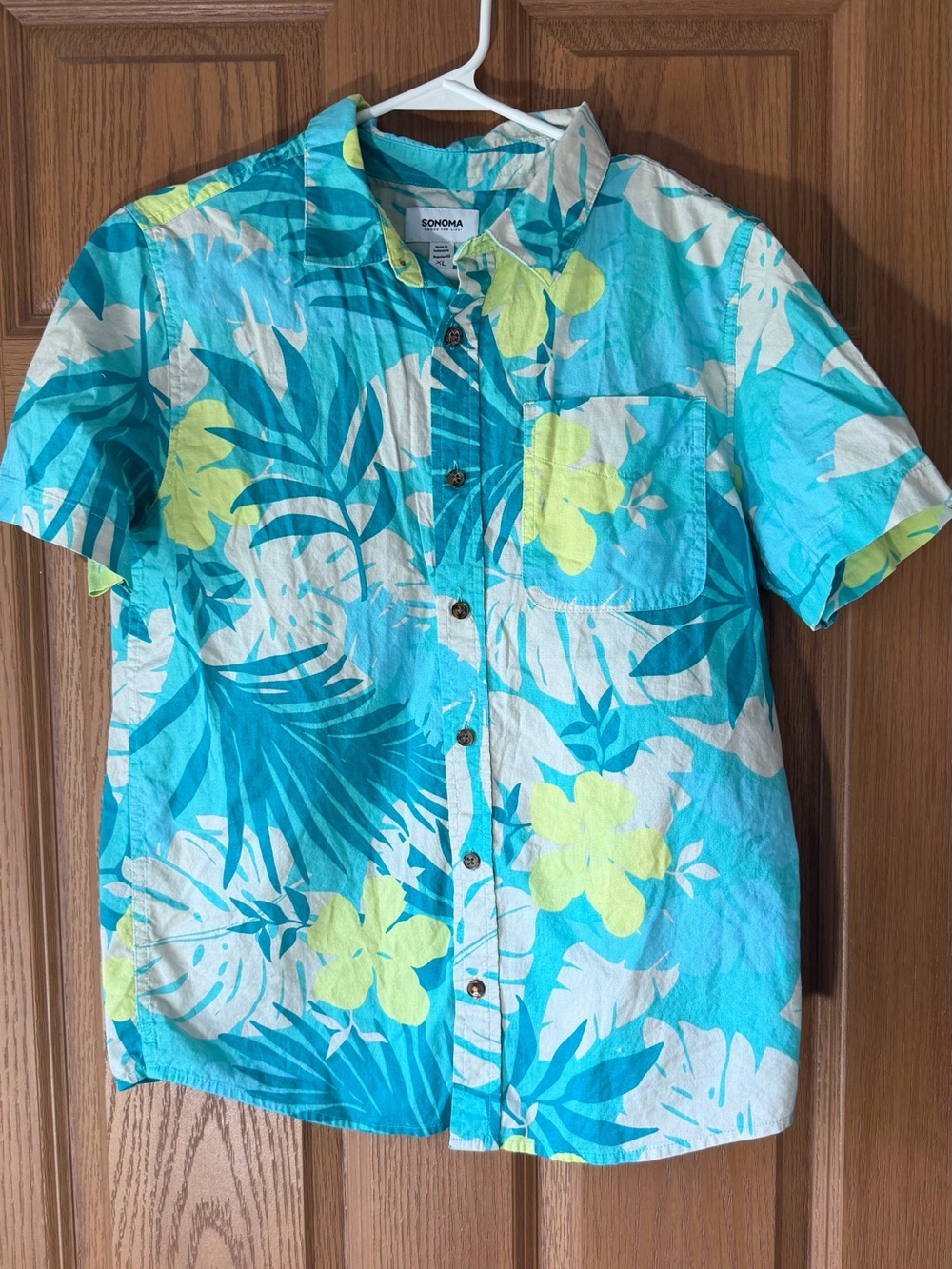 Sonoma Turquoise and Yellow Floral Short-Sleeve Button-Down Shirt